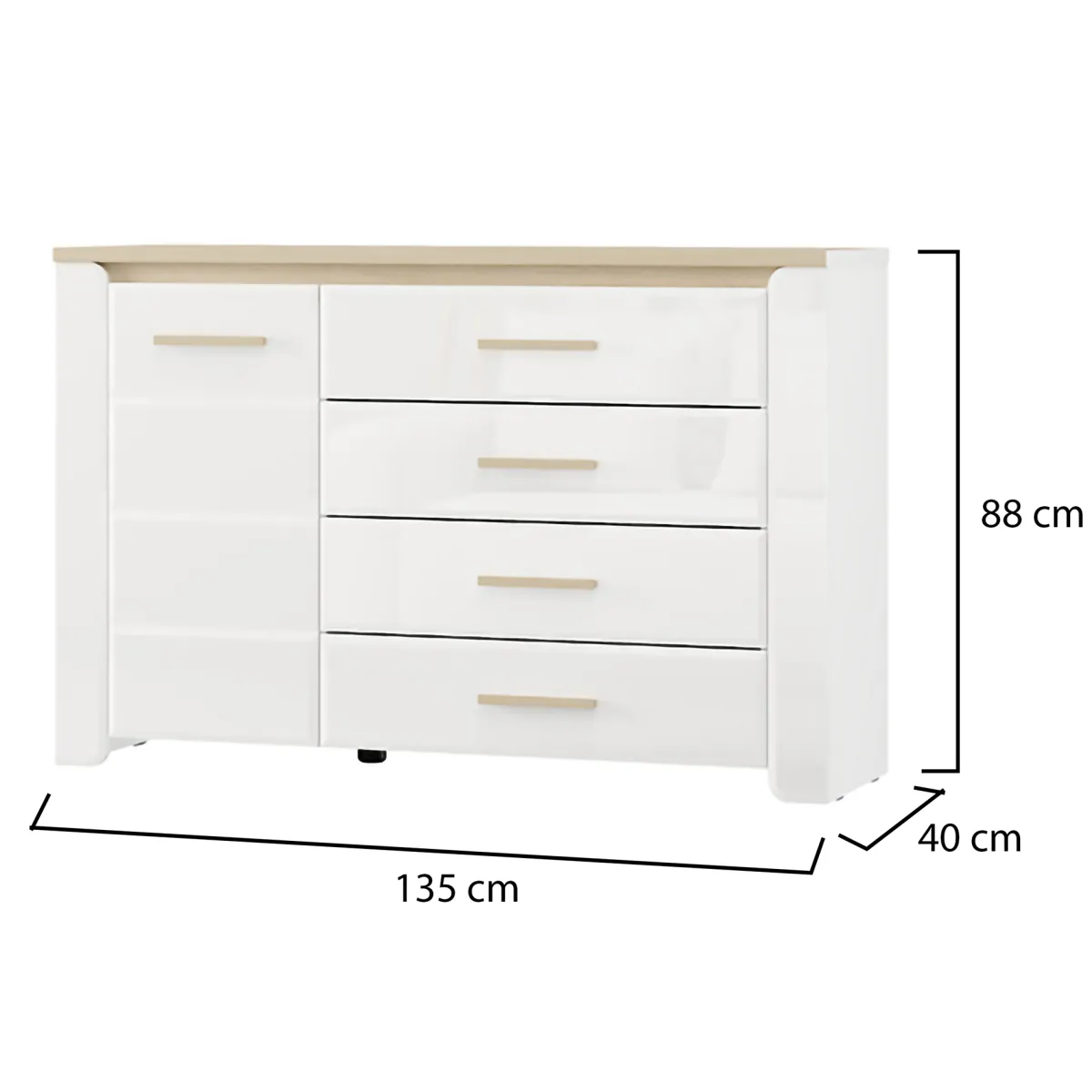 Credenze > Dmora Credenza Bianco Opaco Marrone Rovere 2 Ripiani 4 Cassetti 135x40x88h cm, Un'anta - Bicheno Marrone Rovere, Bianco Opaco