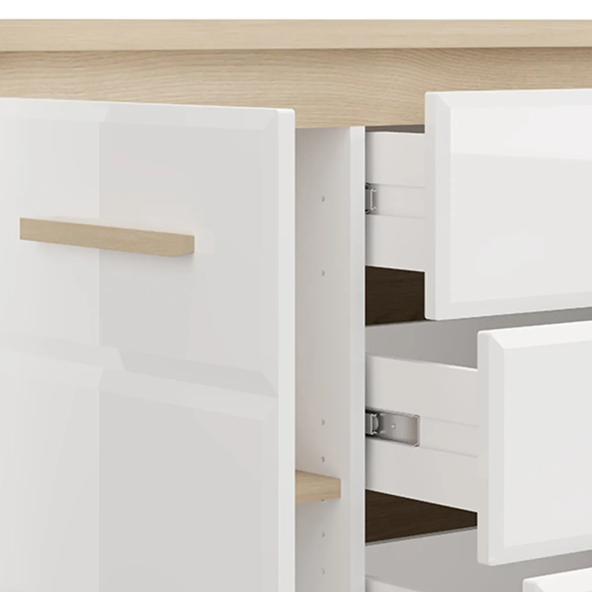 Credenze > Dmora Credenza Bianco Opaco Marrone Rovere 2 Ripiani 4 Cassetti 135x40x88h cm, Un'anta - Bicheno Marrone Rovere, Bianco Opaco
