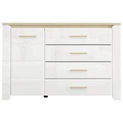 Credenze > Dmora Credenza Bianco Opaco Marrone Rovere 2 Ripiani 4 Cassetti 135x40x88h cm, Un'anta - Bicheno Marrone Rovere, Bianco Opaco