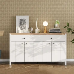 Credenza Bianco Opaco Marrone Rovere 3 Ripiani 2 Cassetti 163x40x92h cm, 4 Ante - Belve