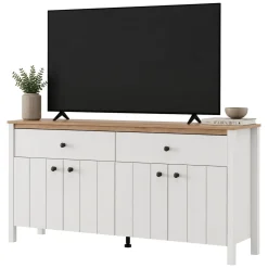 Credenza Bianco Opaco Marrone Rovere 3 Ripiani 2 Cassetti 163x40x92h cm, 4 Ante - Belve