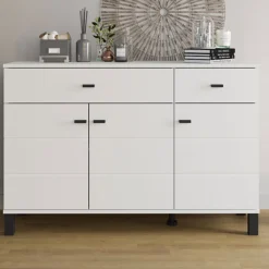 Credenza Bianco Opaco Nero 2 Cassetti 3 Ripiani 116x35x78h cm, Apertura Battente, Scorrevole - Jerico
