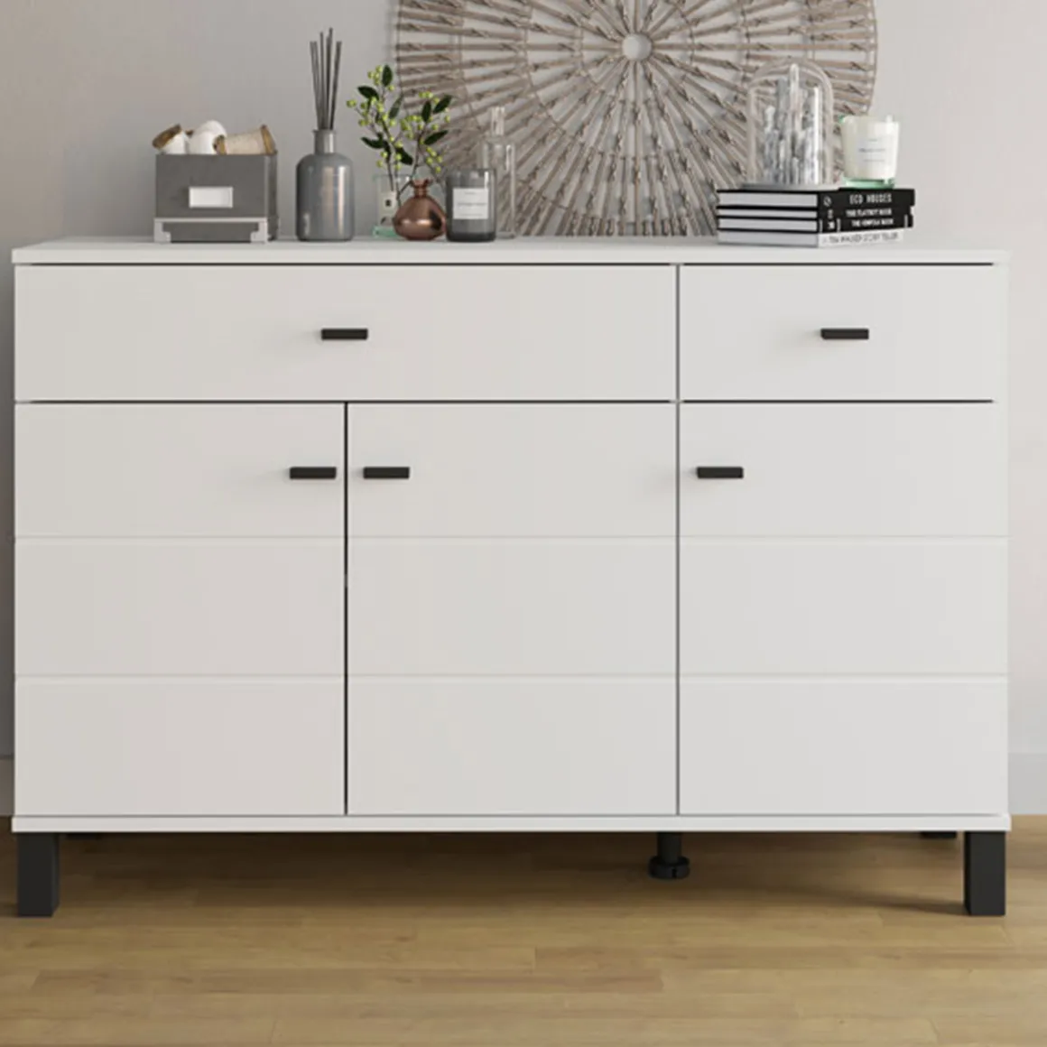 Credenza Bianco Opaco Nero 2 Cassetti 3 Ripiani 116x35x78h cm, Apertura Battente, Scorrevole - Jerico