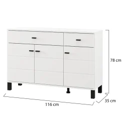 Credenza Bianco Opaco Nero 2 Cassetti 3 Ripiani 116x35x78h cm, Apertura Battente, Scorrevole - Jerico