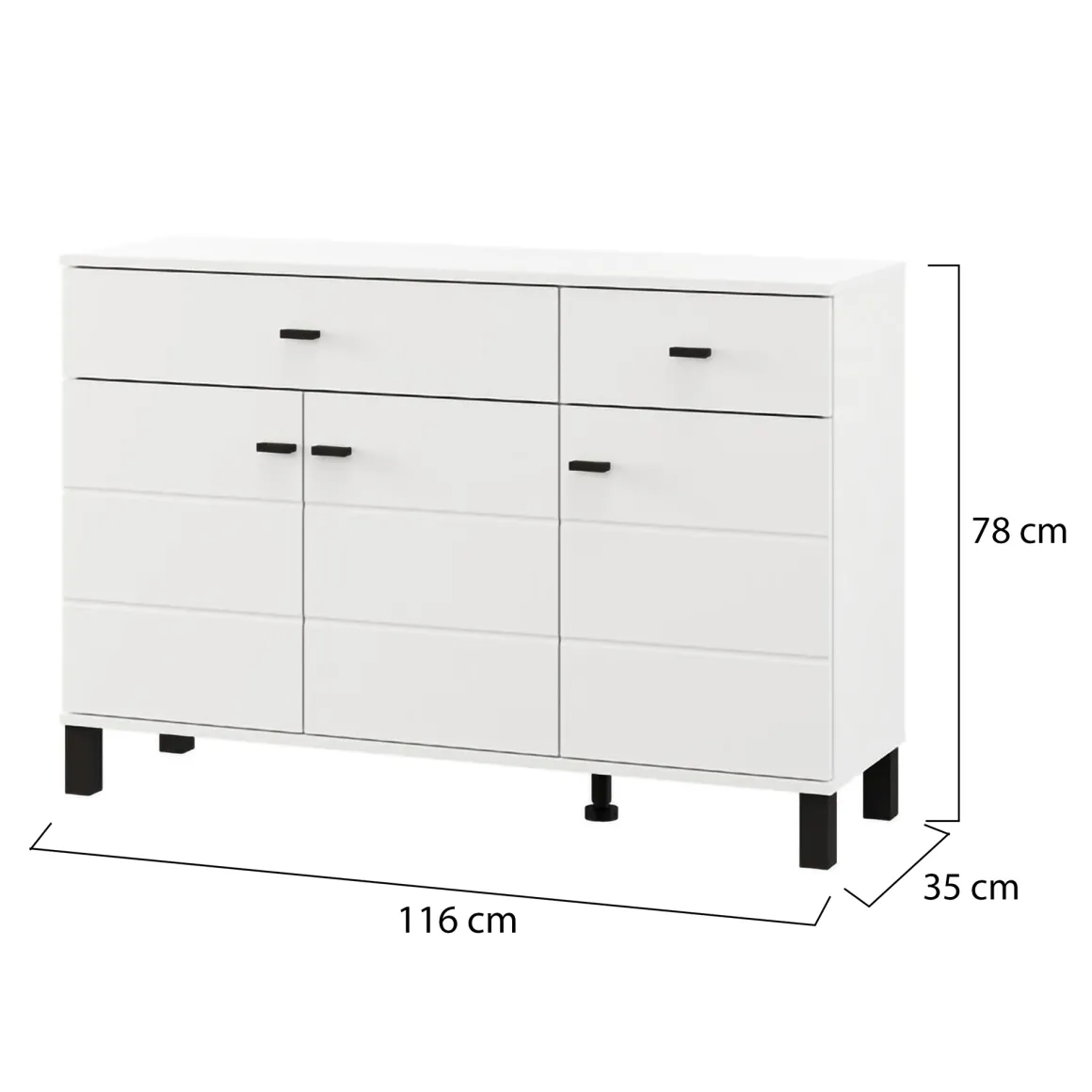 Credenza Bianco Opaco Nero 2 Cassetti 3 Ripiani 116x35x78h cm, Apertura Battente, Scorrevole - Jerico