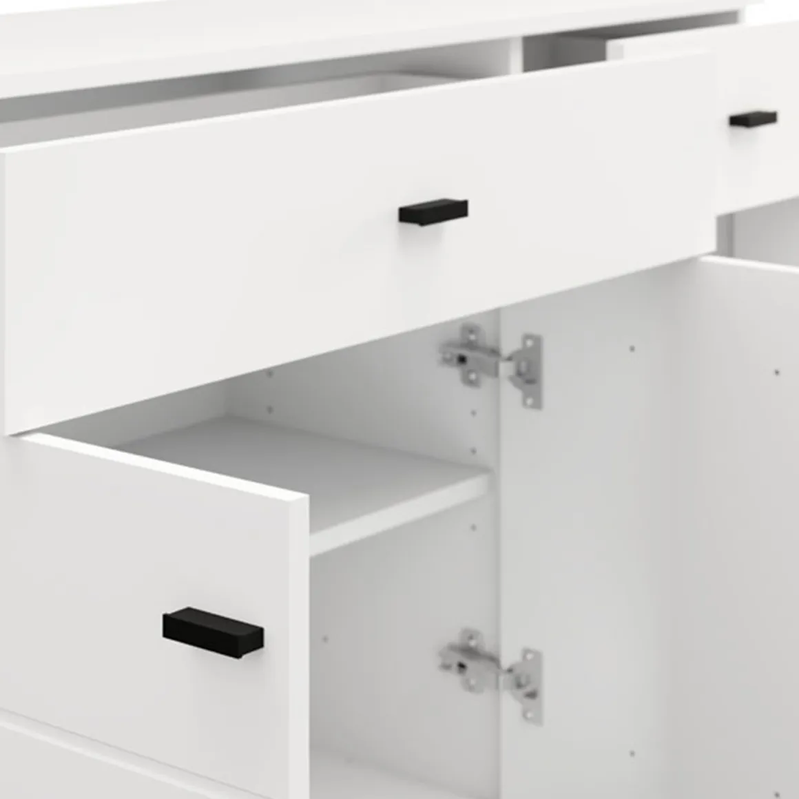 Credenza Bianco Opaco Nero 2 Cassetti 3 Ripiani 116x35x78h cm, Apertura Battente, Scorrevole - Jerico