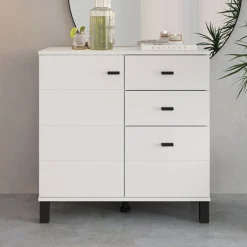 Credenza Bianco Opaco Nero 3 Cassetti 2 Ripiani 77x35x78h cm, Apertura Battente, Scorrevole - Ollant