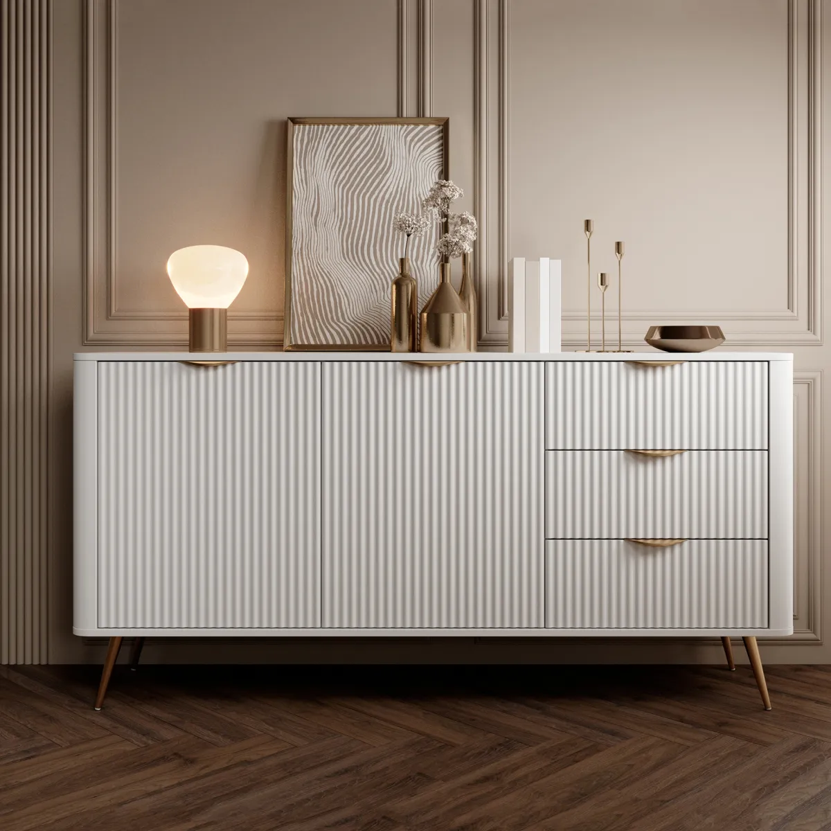 Credenze > Dmora Credenza Bianco oro 3 Cassetti 2 Ripiani 163x38x81h cm, Apertura Battente, Scorrevole - Halilala Oro, Bianco