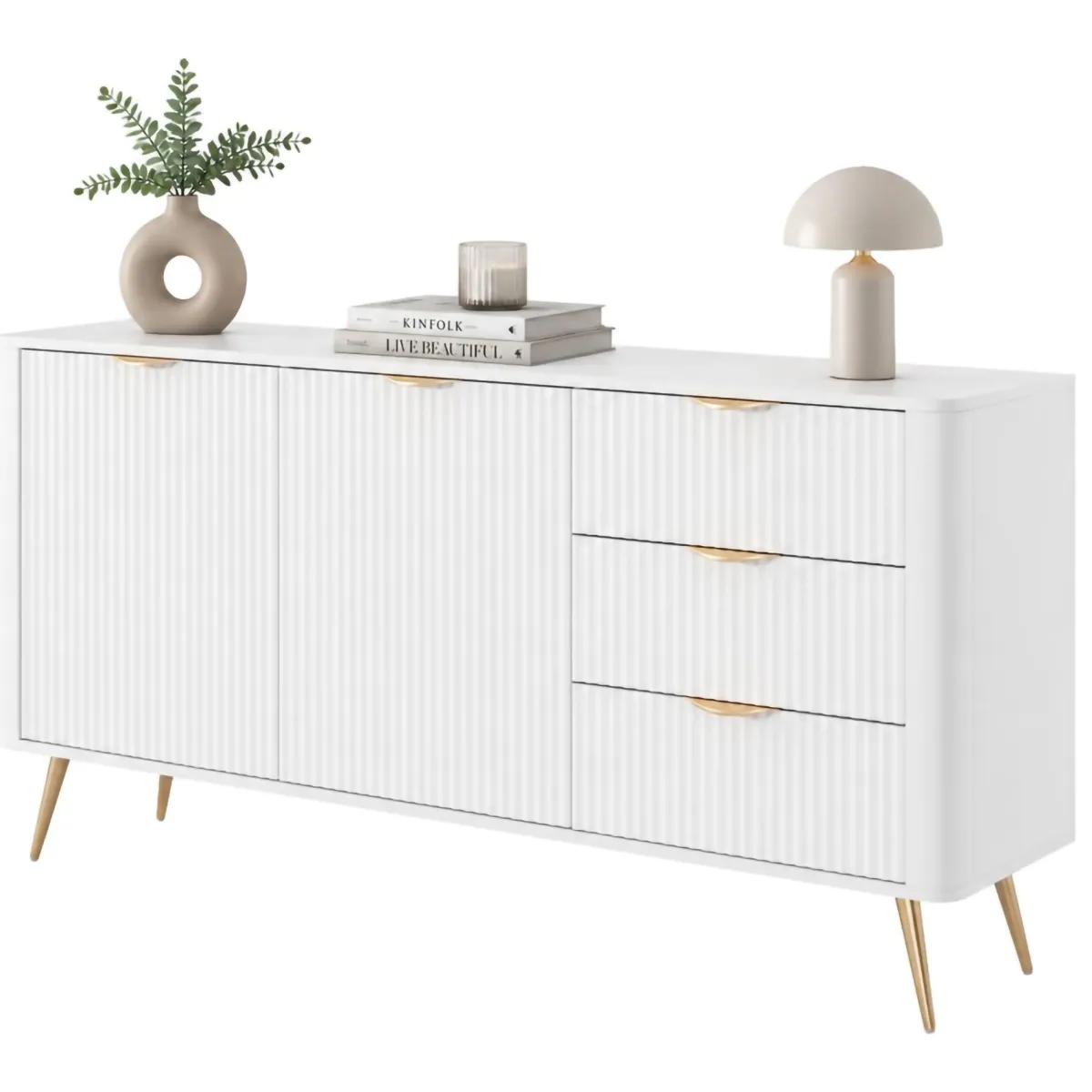 Credenze > Dmora Credenza Bianco oro 3 Cassetti 2 Ripiani 163x38x81h cm, Apertura Battente, Scorrevole - Halilala Oro, Bianco