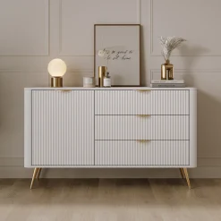 Credenze > Dmora Credenza Bianco oro 6 Cassetti un Ripiano 163x38x81h cm, Apertura Scorrevole - Hali Oro, Bianco