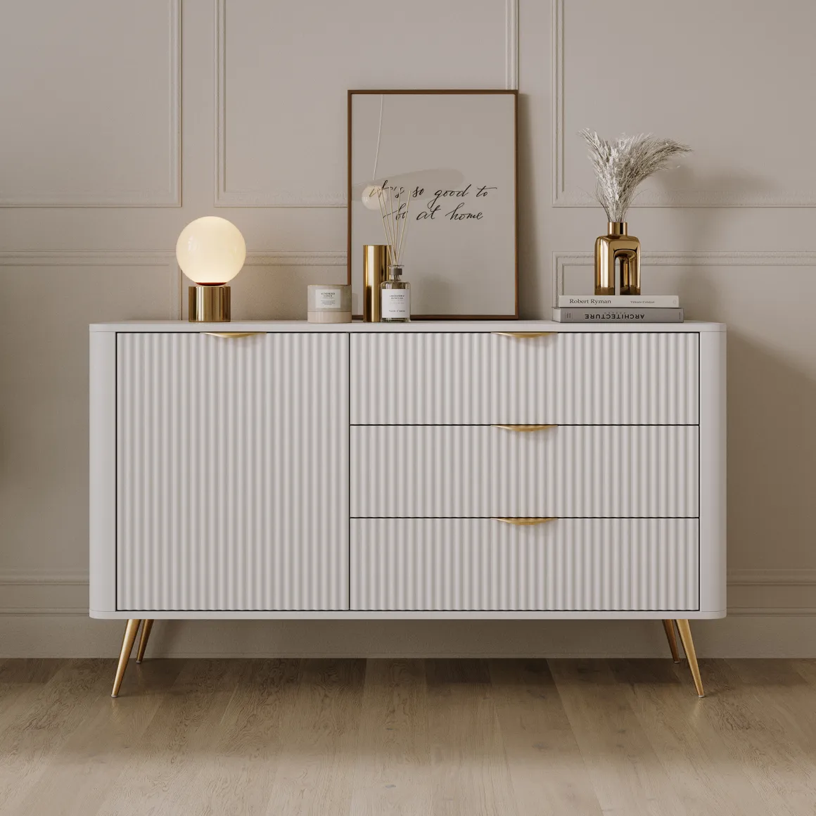 Credenza Bianco oro 3 Cassetti un Ripiano 138x38x81h cm, Apertura Battente, Scorrevole - Halilomo