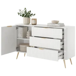 Credenza Bianco oro 3 Cassetti un Ripiano 138x38x81h cm, Apertura Battente, Scorrevole - Halilomo