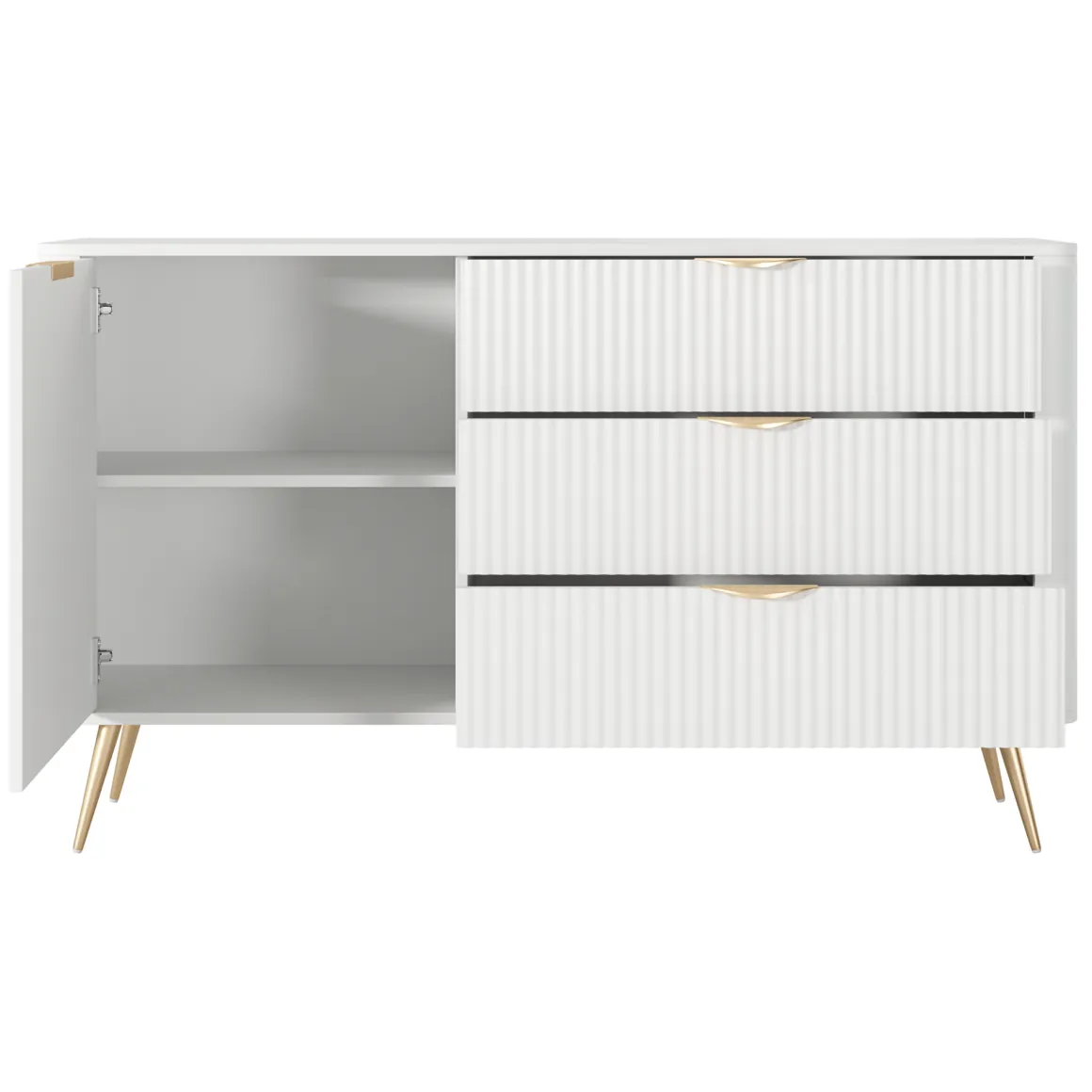 Credenza Bianco oro 3 Cassetti un Ripiano 138x38x81h cm, Apertura Battente, Scorrevole - Halilomo