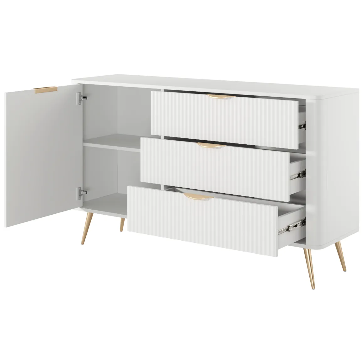 Credenza Bianco oro 3 Cassetti un Ripiano 138x38x81h cm, Apertura Battente, Scorrevole - Halilomo