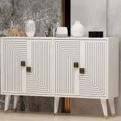 Madie|Credenze > Dmora Credenza Bianco oro 2 Ripiani 4 Ante 120x30x80h cm, Effetto Geometrico - Thiene Oro, Bianco