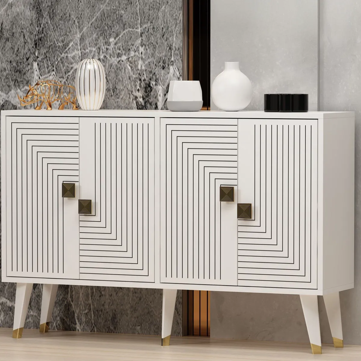 Madie|Credenze > Dmora Credenza Bianco oro 2 Ripiani 4 Ante 120x30x80h cm, Effetto Geometrico - Thiene Oro, Bianco