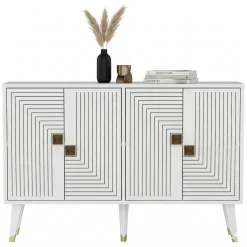Madie|Credenze > Dmora Credenza Bianco oro 2 Ripiani 4 Ante 120x30x80h cm, Effetto Geometrico - Thiene Oro, Bianco