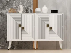 Madie|Credenze > Dmora Credenza Bianco oro 2 Ripiani 4 Ante 120x30x80h cm, Effetto Geometrico - Thiene Oro, Bianco