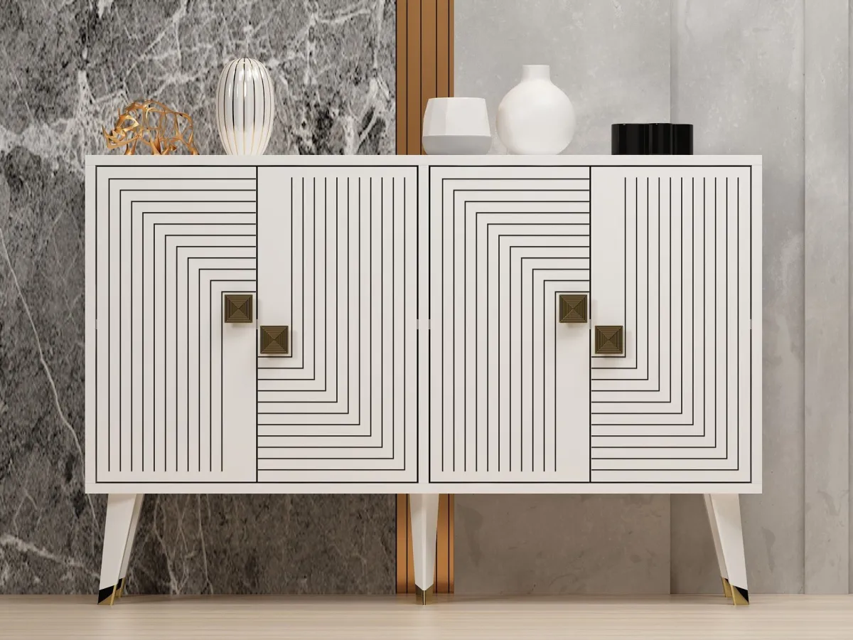 Madie|Credenze > Dmora Credenza Bianco oro 2 Ripiani 4 Ante 120x30x80h cm, Effetto Geometrico - Thiene Oro, Bianco