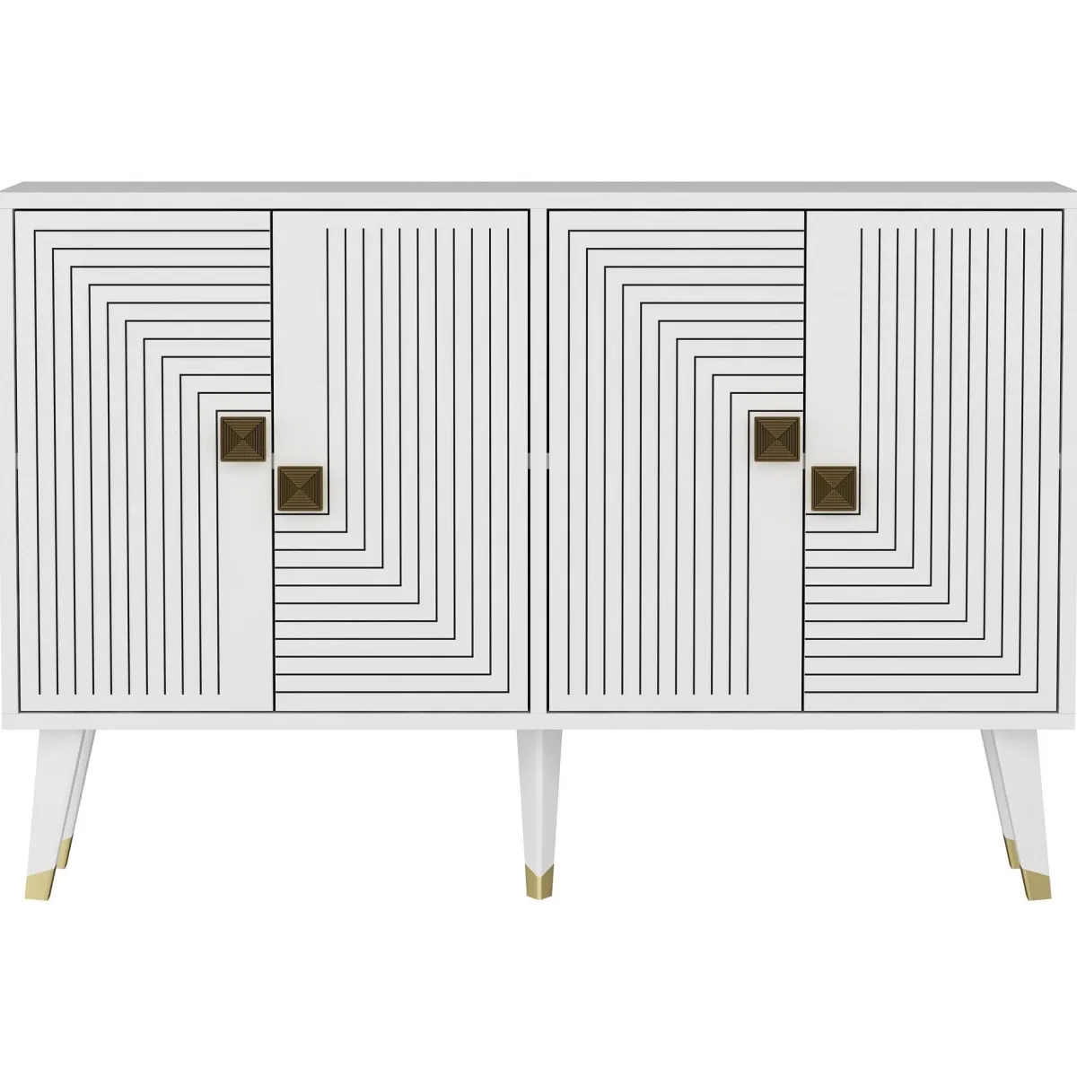 Madie|Credenze > Dmora Credenza Bianco oro 2 Ripiani 4 Ante 120x30x80h cm, Effetto Geometrico - Thiene Oro, Bianco