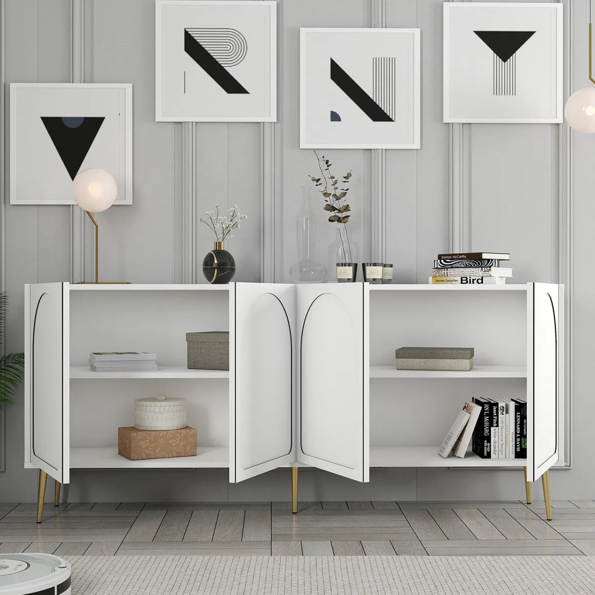 Credenza Bianco oro 2 Ripiani 4 Ante 180x35x80h cm, 4 Vani - Torno