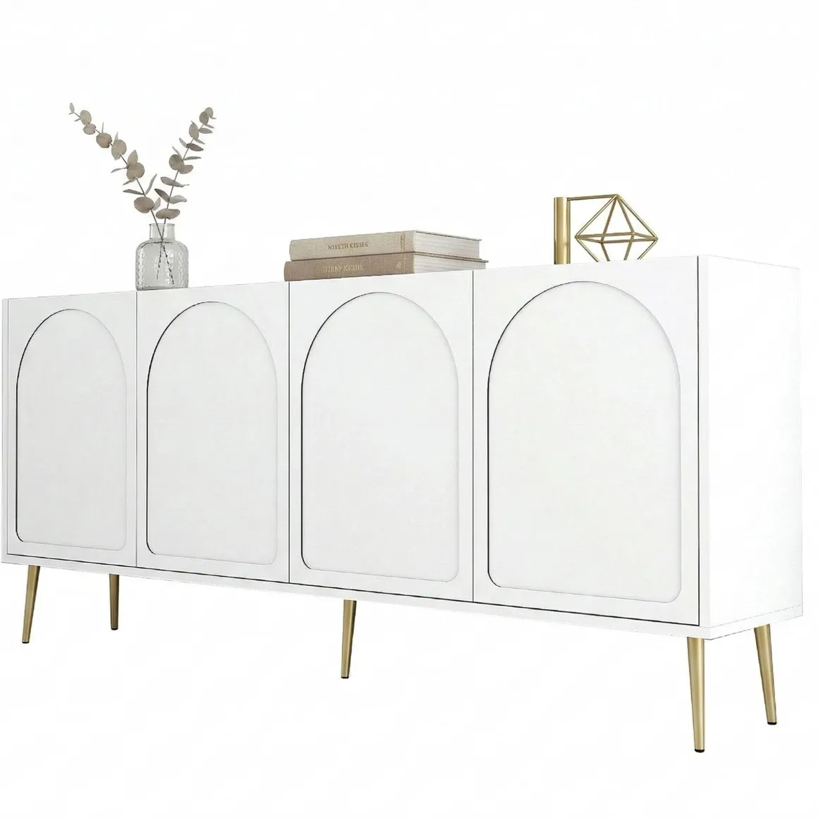 Credenza Bianco oro 2 Ripiani 4 Ante 180x35x80h cm, 4 Vani - Torno