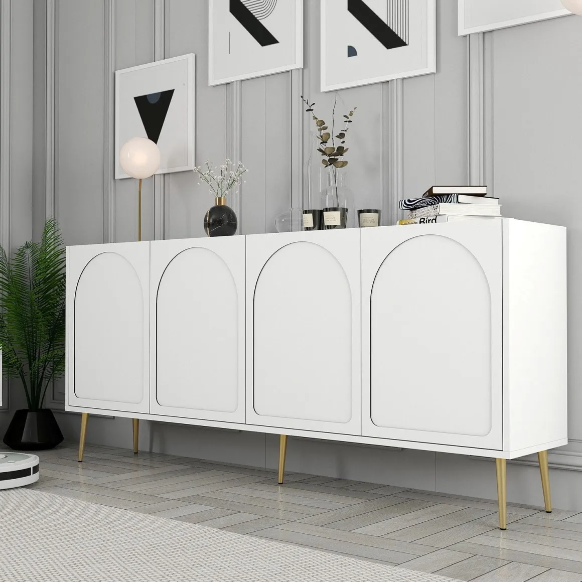 Credenza Bianco oro 2 Ripiani 4 Ante 180x35x80h cm, 4 Vani - Torno