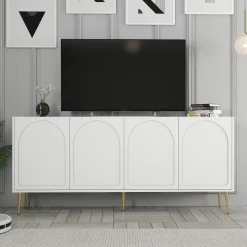 Credenza Bianco oro 2 Ripiani 4 Ante 180x35x80h cm, 4 Vani - Torno