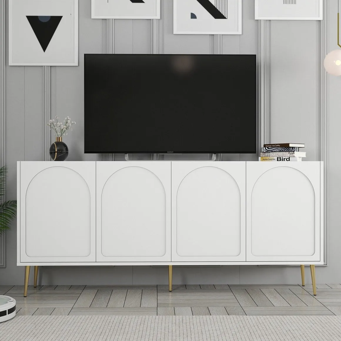 Credenza Bianco oro 2 Ripiani 4 Ante 180x35x80h cm, 4 Vani - Torno