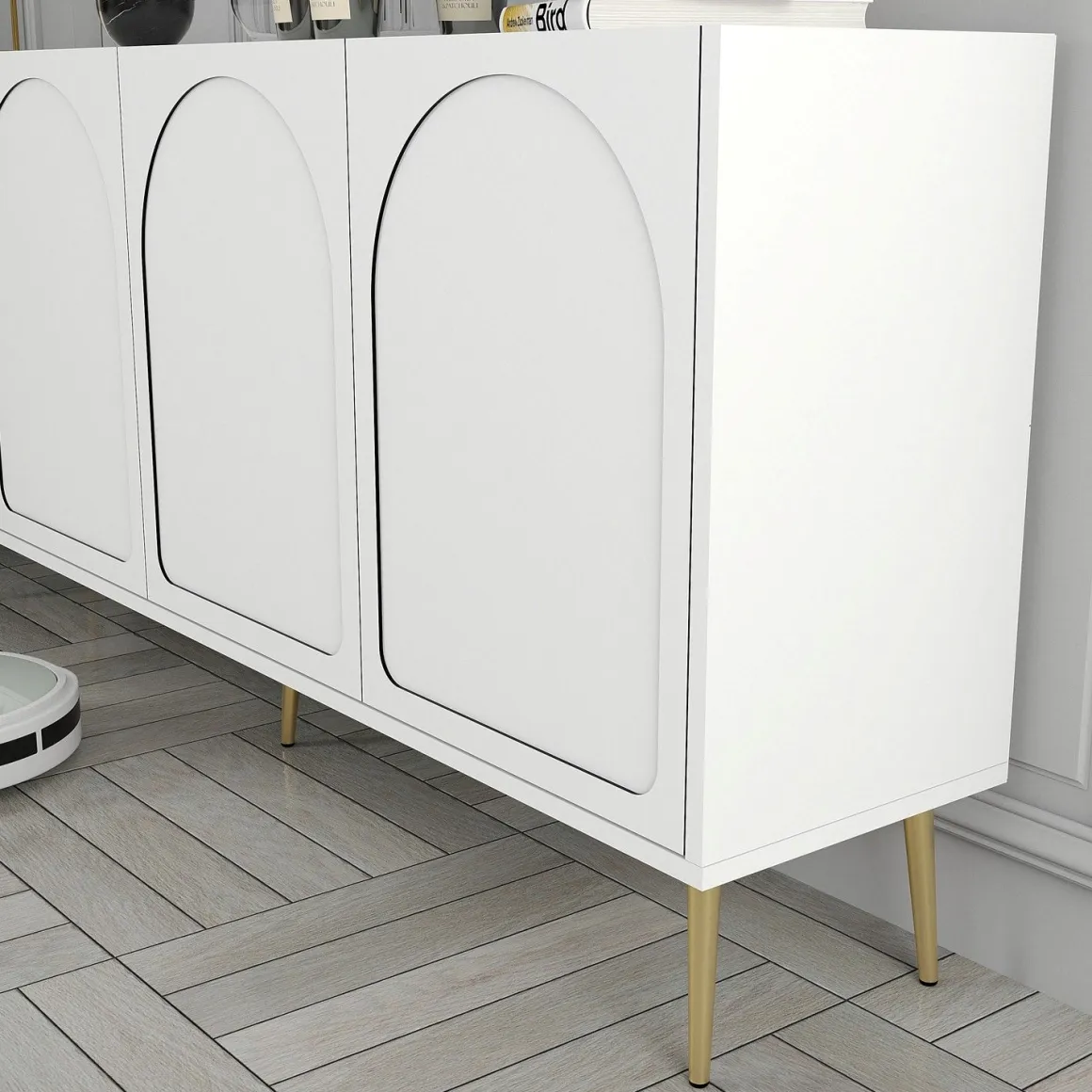 Credenza Bianco oro 2 Ripiani 4 Ante 180x35x80h cm, 4 Vani - Torno