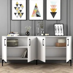 Credenza Bianco 2 Ripiani 4 Ante 180x35x78h cm, 4 Vani - Pollein