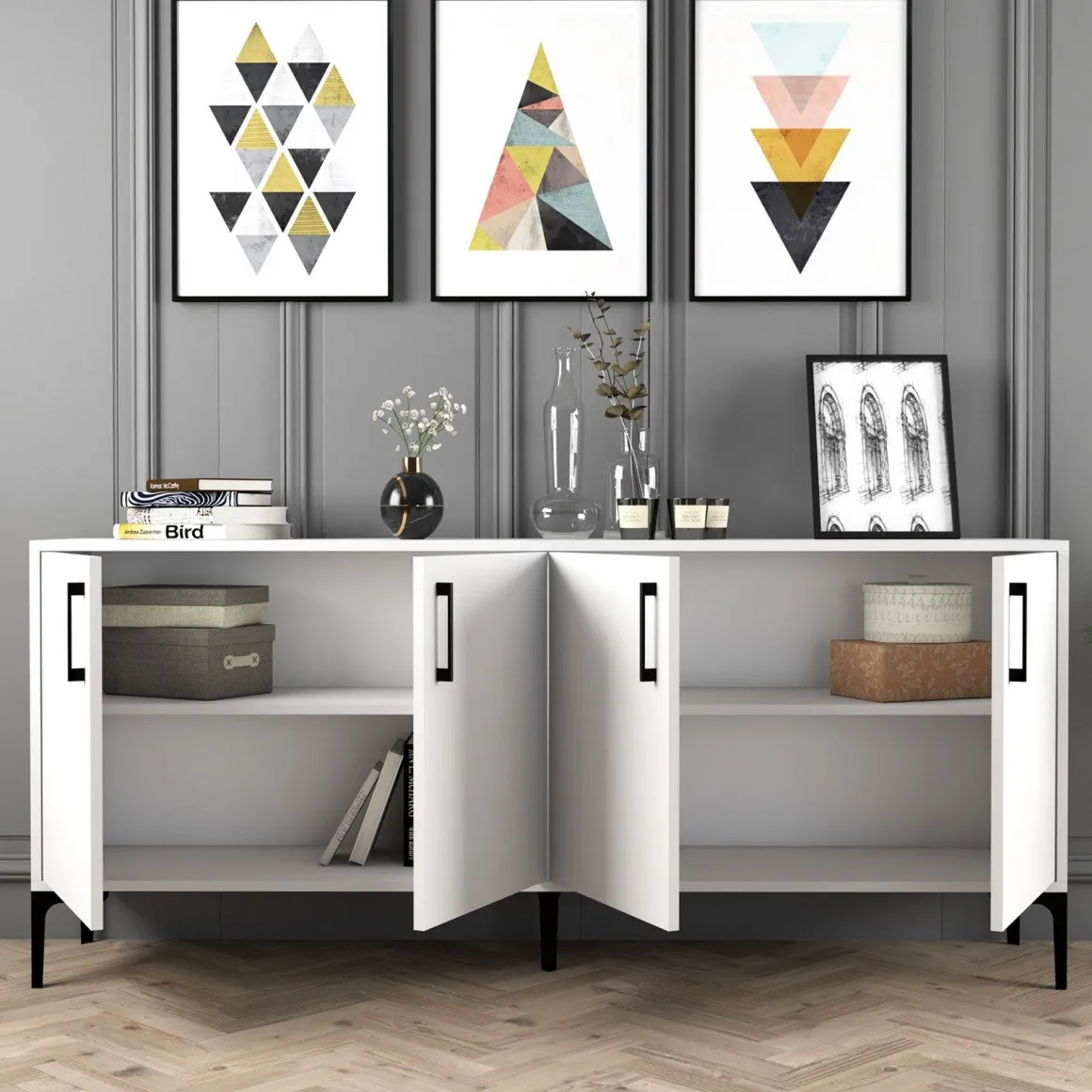 Madie|Credenze > Dmora Credenza 2 Ripiani 4 Ante 60x31x140h cm, 5 Vani - Sestu Bianco