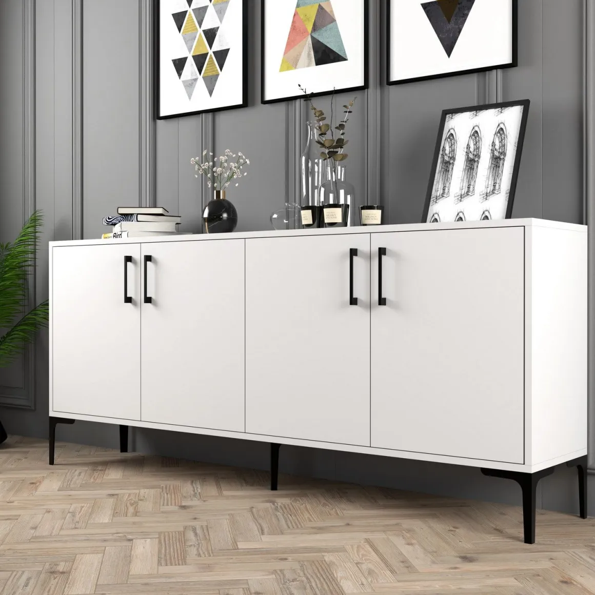Madie|Credenze > Dmora Credenza 2 Ripiani 4 Ante 60x31x140h cm, 5 Vani - Sestu Bianco
