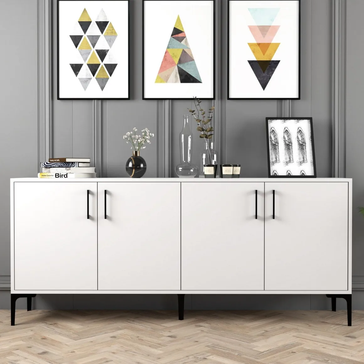 Madie|Credenze > Dmora Credenza 2 Ripiani 4 Ante 60x31x140h cm, 5 Vani - Sestu Bianco