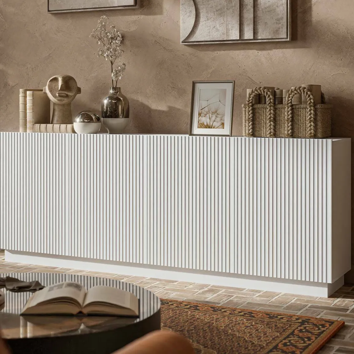 Credenza Bianco 4 Ripiani 4 Ante 200x40x78h cm, 8 Vani - Masainas