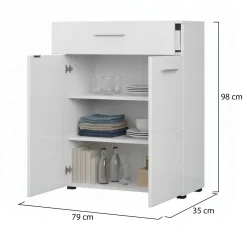Credenza Bianco 2 Ripiani un Cassetto 79x35x97.5h cm, 3 Vani - Verduno