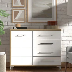 Credenza Bianco Rovere Nodi Marrone 4 Cassetti un Ripiano 108x40x87h cm, Apertura Battente e Scorrevole - Procopio