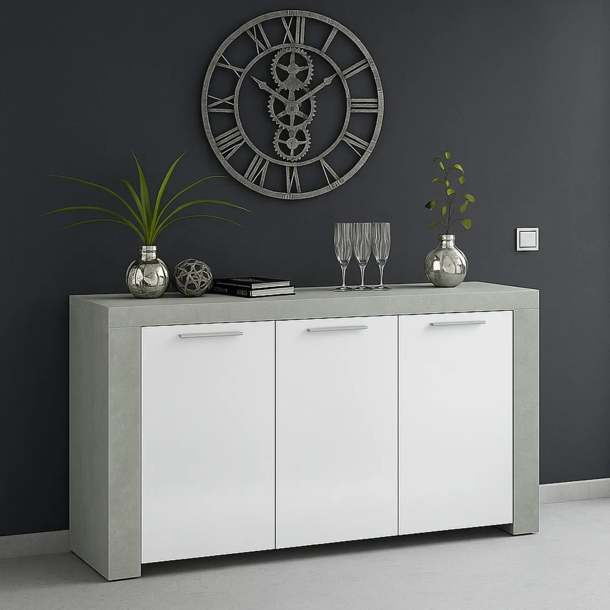 Cucina|Madie > Dmora Credenza cemento e bianca porta bicchieri 144x42x80h cm 3 ante - Amaculi Bianco, Grigio Cemento