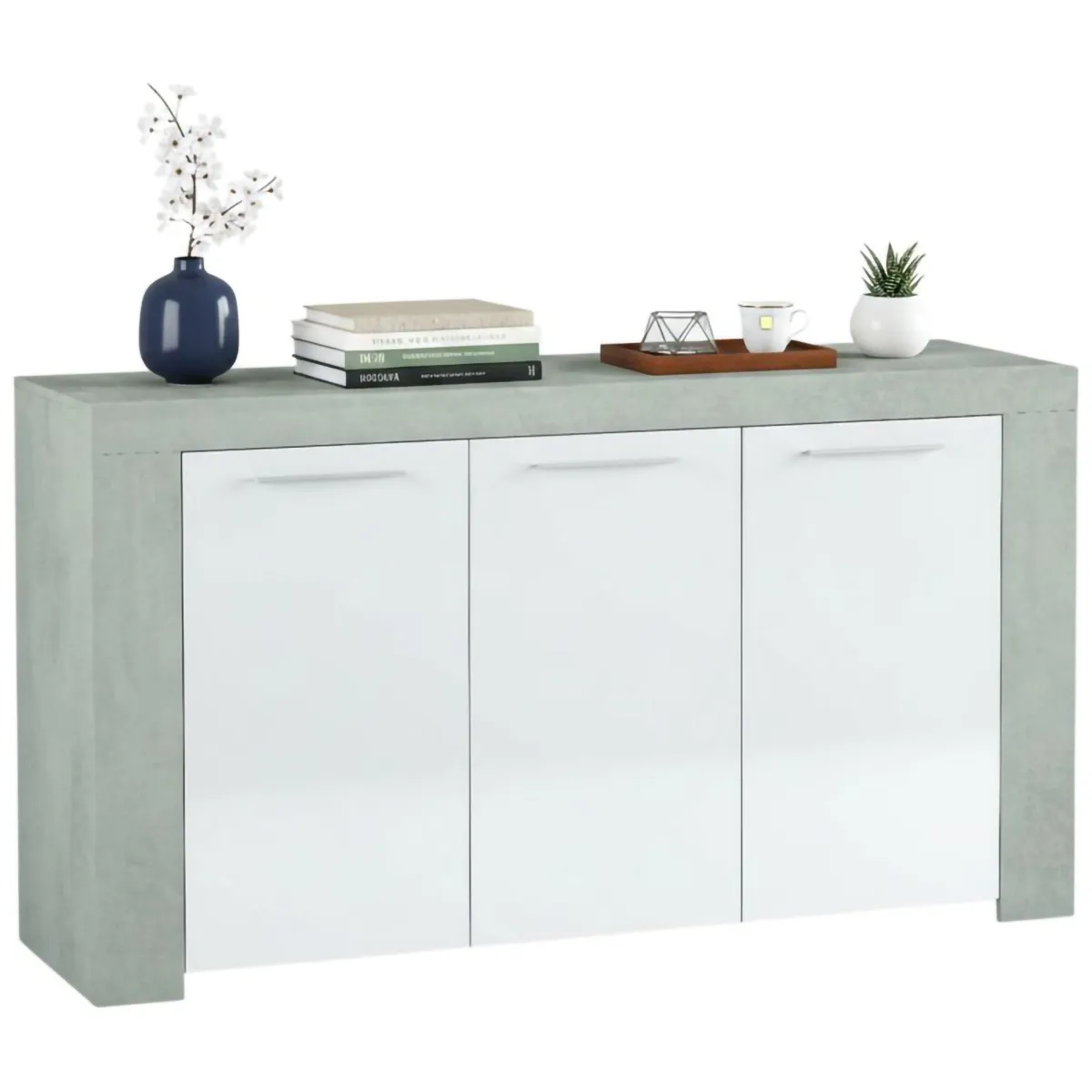 Cucina|Madie > Dmora Credenza cemento e bianca porta bicchieri 144x42x80h cm 3 ante - Amaculi Bianco, Grigio Cemento