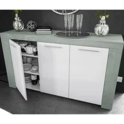 Cucina|Madie > Dmora Credenza cemento e bianca porta bicchieri 144x42x80h cm 3 ante - Amaculi Bianco, Grigio Cemento