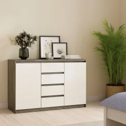 Credenza cemento e bianco lucida 120x50x90h cm 2 ante e 4 cassetti - Angelika