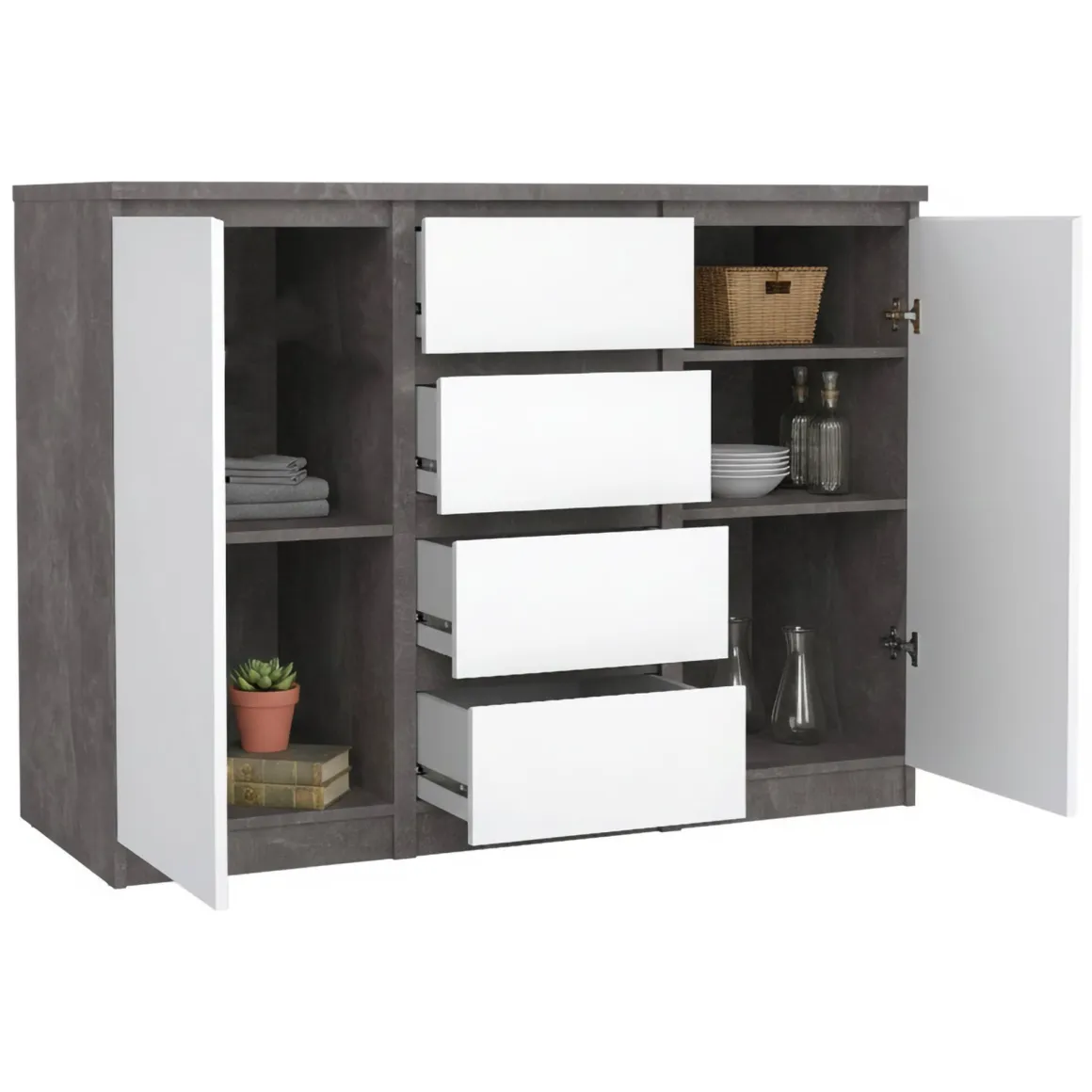 Madie|Credenze > Dmora Credenza cemento e bianco lucida 138x42x86h cm 3 ante - Dolphin Bianco Lucido, Grigio Cemento