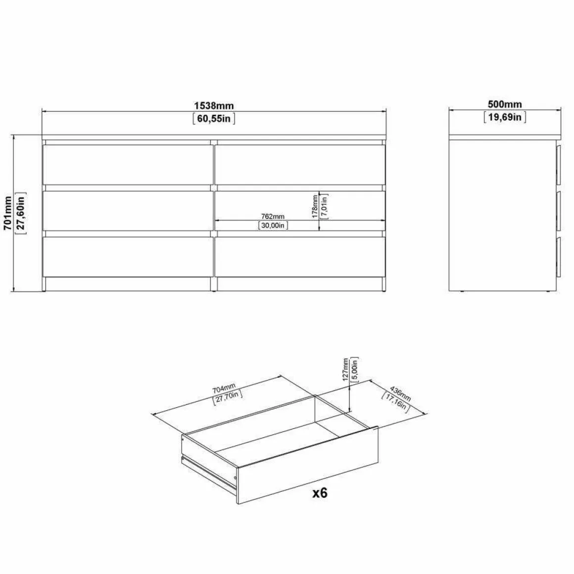 Credenza cemento e bianco lucida 153x50x70h cm 6 cassetti - Abacadabra