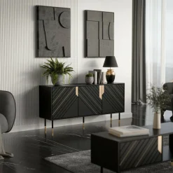 Madie|Credenze > Dmora Credenza Cossogno, 154x40 h72 cm, Nero e Oro Oro, Nero