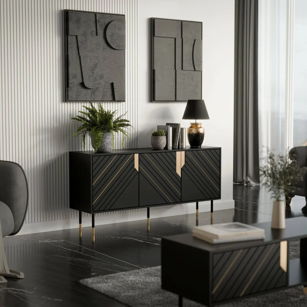 Madie|Credenze > Dmora Credenza Cossogno, 154x40 h72 cm, Nero e Oro Oro, Nero
