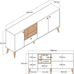 Credenza crema 180x35x81h cm 3 ante e 1 cassetto - Lucertola