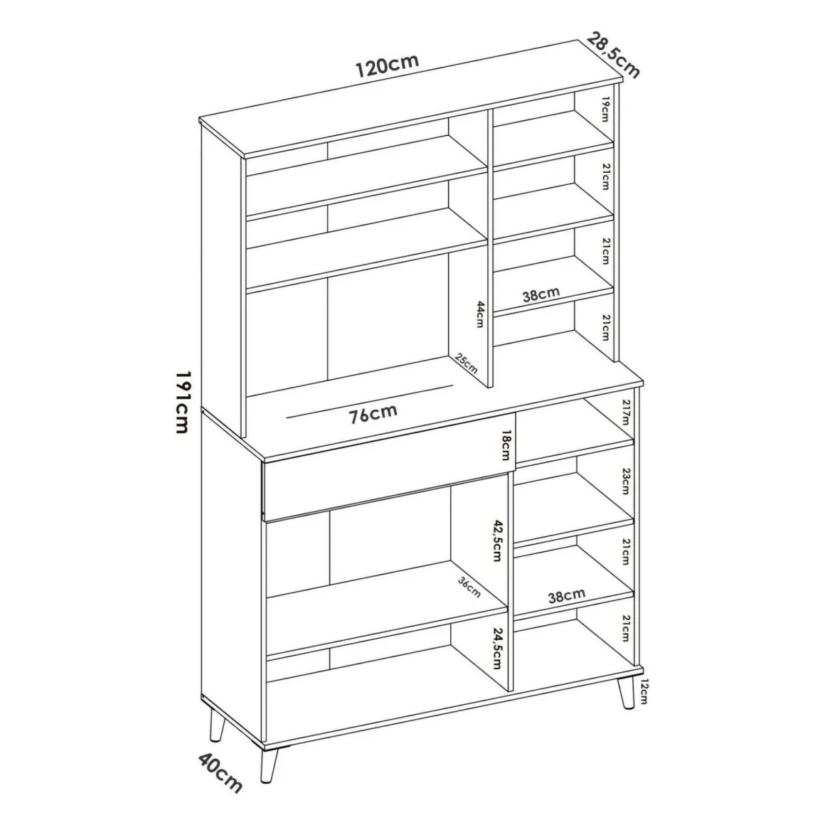 Credenza cucina bianca e rovere 120x40x191h cm 4 ante e 1 cassetto - Aeris