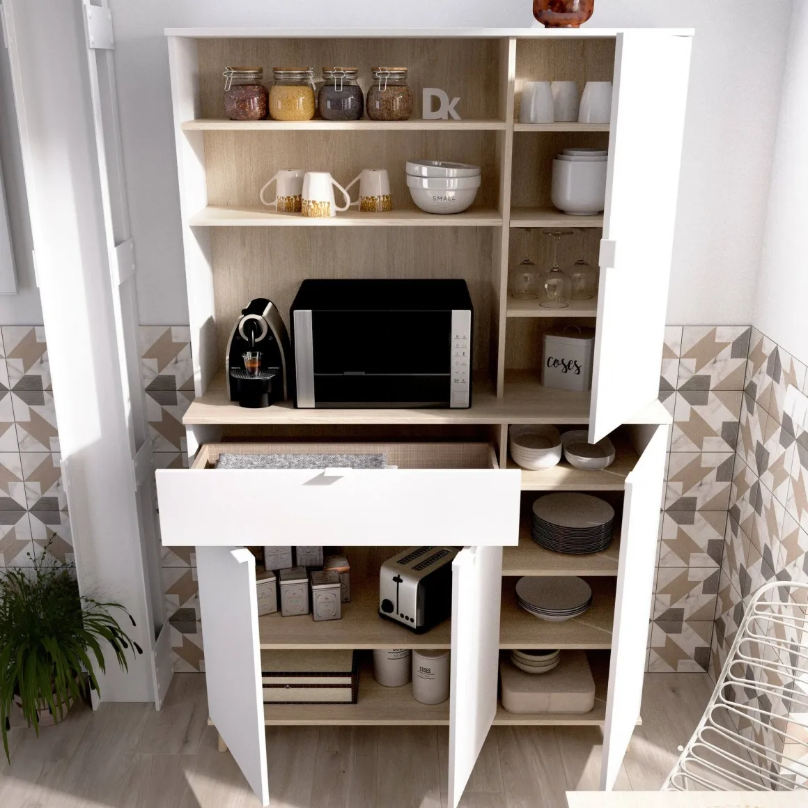 Credenza cucina bianca e rovere 120x40x191h cm 4 ante e 1 cassetto - Aeris
