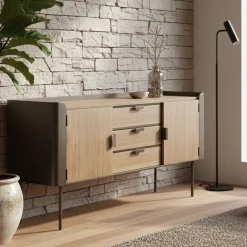 Madie|Credenze > Dmora Credenza grigia e marrone 145x47x76h cm 2 ante e 3 cassetti - Jones Marrone, Grigio