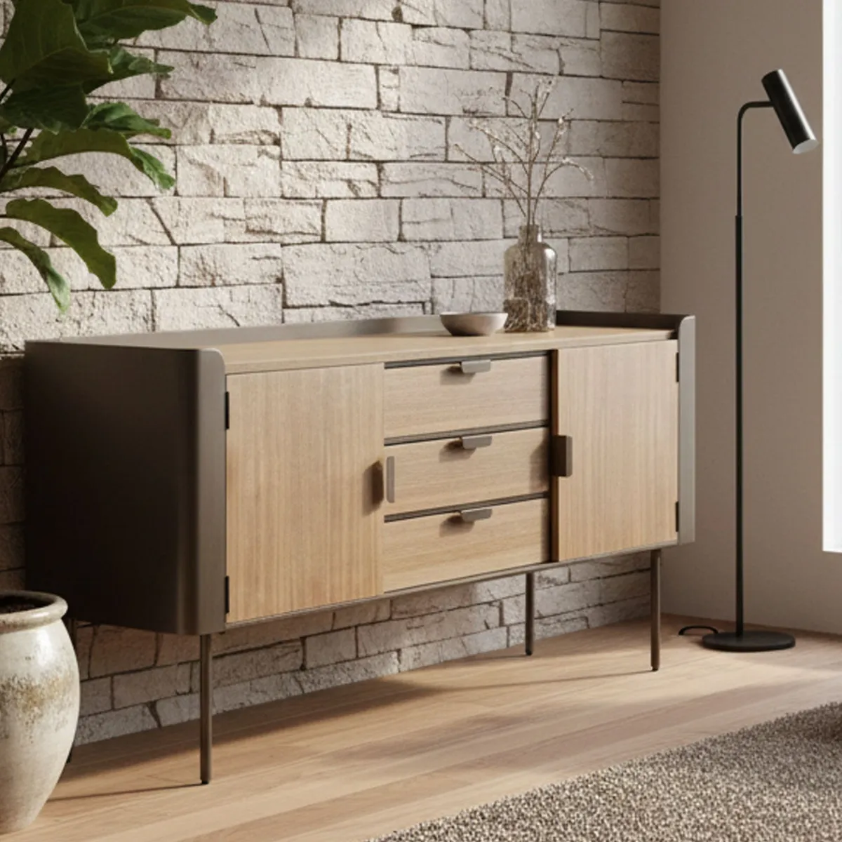 Madie|Credenze > Dmora Credenza grigia e marrone 145x47x76h cm 2 ante e 3 cassetti - Jones Marrone, Grigio
